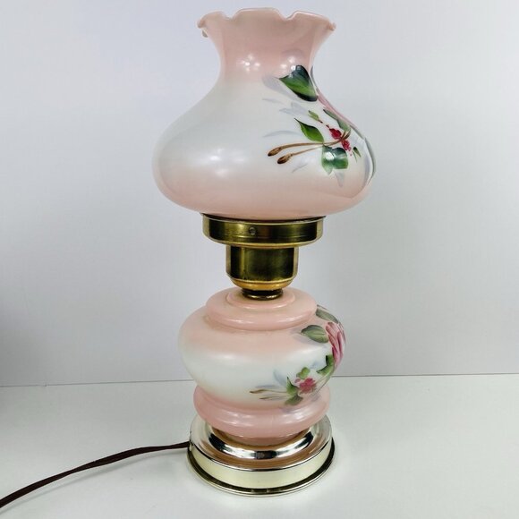 Vintage Hurricane Lamp 12.5” Pink Floral Hand Painted Glass Brass Electric - Picture 7 of 10